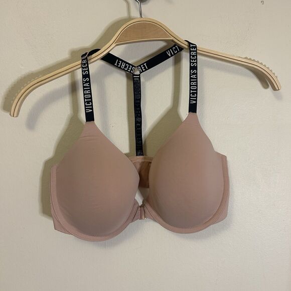 Victoria Secret Underwire Padded T-back Uplift Semi Demi Bra 32DD Beige‎ - Picture 1 of 4